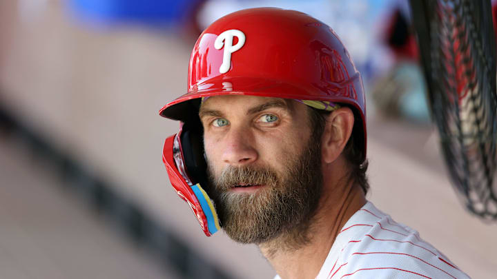 Mar 19, 2025; Clearwater, Florida, USA;  Philadelphia Phillies first base Bryce Harper (3) looks on against the New York Yankees at BayCare Ballpark. Mandatory Credit: Kim Klement Neitzel-Imagn Images