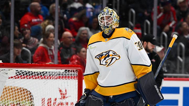 Dec 30, 2023; Washington, District of Columbia, USA; Nashville Predators goaltender Yaroslav Askarov (30) on the ice against the Washington Capitals during the first period at Capital One Arena. Mandatory Credit: Brad Mills-USA TODAY Sports