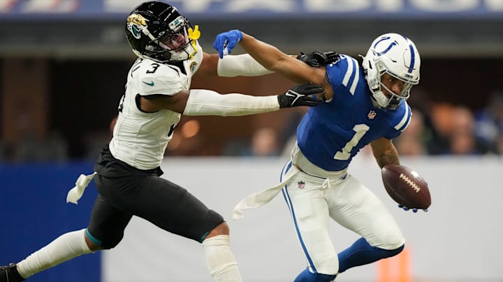 Indianapolis Colts wide receiver Josh Downs (1) reaches to push off Jacksonville Jaguars cornerback Tyson Campbell (3) on Sunday, Jan. 5, 2025, during a game against the Jacksonville Jaguars at Lucas Oil Stadium in Indianapolis. Indianapolis Colts wide receiver Josh Downs (1) reaches to push off Jacksonville Jaguars cornerback Tyson Campbell (3) on Sunday, Jan. 5, 2025, during a game against the Jacksonville Jaguars at Lucas Oil Stadium in Indianapolis.