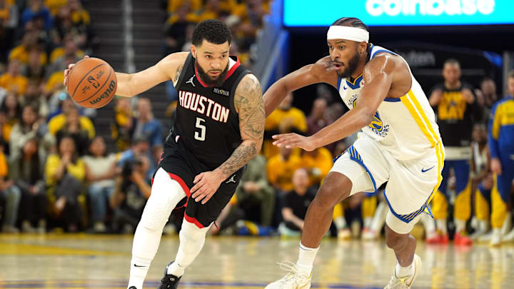 Apr 26, 2025; San Francisco, California, USA; Houston Rockets guard Fred VanVleet (5) dribbles against Golden State Warriors guard Moses Moody (right) during the fourth quarter of game three of first round for the 2024 NBA Playoffs at Chase Center. Mandatory Credit: Darren Yamashita-Imagn Images Apr 26, 2025; San Francisco, California, USA; Houston Rockets guard Fred VanVleet (5) dribbles against Golden State Warriors guard Moses Moody (right) during the fourth quarter of game three of first round for the 2024 NBA Playoffs at Chase Center. Mandatory Credit: Darren Yamashita-Imagn Images