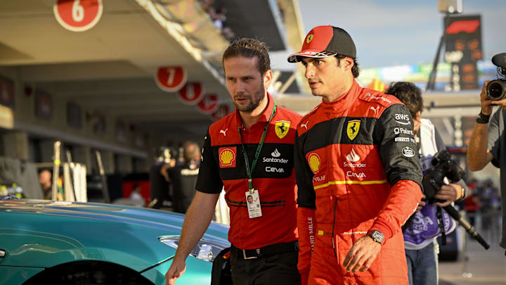 Oct 22, 2022; Austin, Texas, USA; Scuderia Ferrari driver Carlos Sainz (55) of Team Spain walks off Oct 22, 2022; Austin, Texas, USA; Scuderia Ferrari driver Carlos Sainz (55) of Team Spain walks off