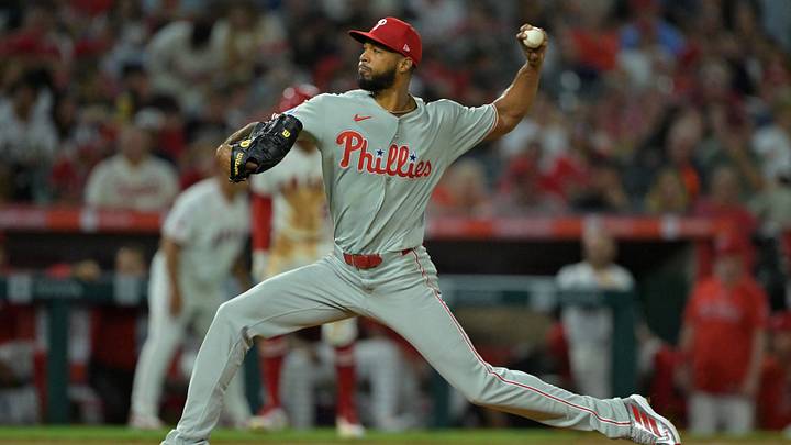 Aug 29, 2026; Anaheim, California, USA;  Philadelphia Phillies starting pitcher Cristopher Sánchez (61) delivers to the plate during the second inning against the Los Angeles Angels at Angel Stadium. Mandatory Credit: Jayne Kamin-Oncea-Imagn Images