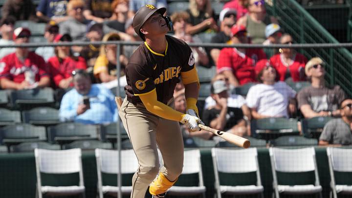 Mar 10, 2026; Tempe, Arizona, USA; San Diego Padres center fielder Jase Bowen (45) hits against the Los Angeles Angels in the first inning at Tempe Diablo Stadium. Mandatory Credit: Rick Scuteri-Imagn Images Mar 10, 2026; Tempe, Arizona, USA; San Diego Padres center fielder Jase Bowen (45) hits against the Los Angeles Angels in the first inning at Tempe Diablo Stadium. Mandatory Credit: Rick Scuteri-Imagn Images