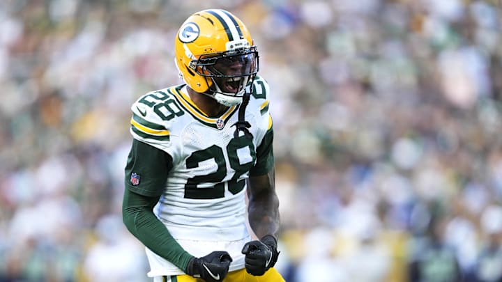 Aug 23, 2025; Green Bay, Wisconsin, USA; Green Bay Packers linebacker Isaiah Simmons (28) reacts to tackling Seattle Seahawks running back Jacardia Wright (31) during the second half at Lambeau Field. Mandatory Credit: Kayla Wolf-Imagn Images Aug 23, 2025; Green Bay, Wisconsin, USA; Green Bay Packers linebacker Isaiah Simmons (28) reacts to tackling Seattle Seahawks running back Jacardia Wright (31) during the second half at Lambeau Field. Mandatory Credit: Kayla Wolf-Imagn Images