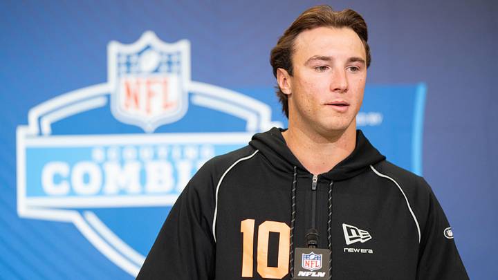 Clemson quarterback Cade Klubnik (QB10) speaks to members of the media during the NFL Combine at the Indiana Convention Center.