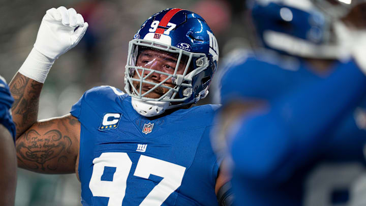 New York Giants defensive tackle Dexter Lawrence (97) gestures during a Thursday Night Football game between the New York Giants and the Philadelphia Eagles at MetLife Stadium in East Rutherford on Oct. 9, 2025.