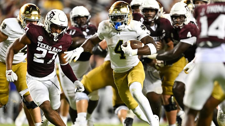 Aug 31, 2024; College Station, Texas, USA; Notre Dame Fighting Irish running back Jeremiyah Love (4) runs the ball for a touchdown in the fourth quarter against the Texas A&M Aggies at Kyle Field. 