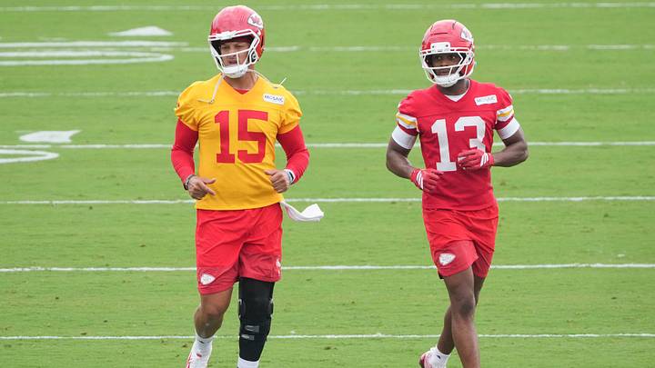 Jul 29, 2026; St. Joseph, MO, USA; Kansas City Chiefs quarterback Patrick Mahomes (15) and wide receiver Cyrus Allen (13) on field during training camp at Missouri Western State University. Mandatory Credit: Denny Medley-Imagn Images Jul 29, 2026; St. Joseph, MO, USA; Kansas City Chiefs quarterback Patrick Mahomes (15) and wide receiver Cyrus Allen (13) on field during training camp at Missouri Western State University. Mandatory Credit: Denny Medley-Imagn Images