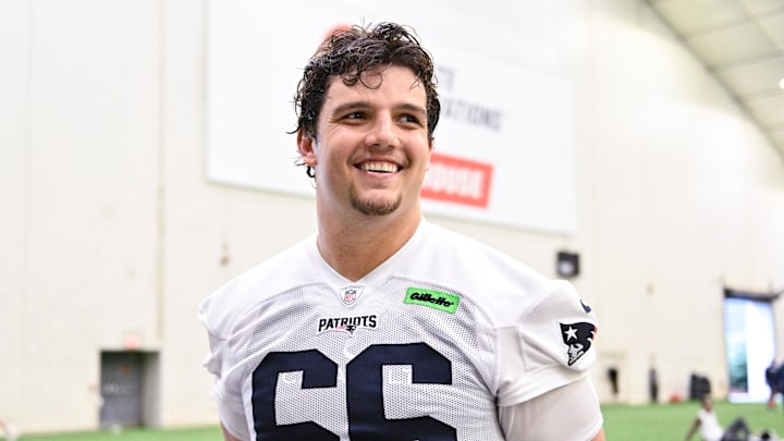 Jun 10, 2025; Foxborough, MA, USA; New England Patriots offensive tackle Will Campbell (66) speaks to the media after minicamp held in the WIN Field House at Gillette Stadium. Mandatory Credit: Eric Canha-Imagn Images