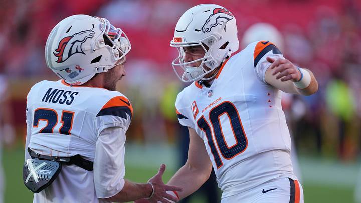 Sep 14, 2026; Kansas City, Missouri, USA; Denver Broncos quarterback Bo Nix (10) and cornerback Riley Moss (21) react before the game against the Kansas City Chiefs at GEHA Field at Arrowhead Stadium. Sep 14, 2026; Kansas City, Missouri, USA; Denver Broncos quarterback Bo Nix (10) and cornerback Riley Moss (21) react before the game against the Kansas City Chiefs at GEHA Field at Arrowhead Stadium.