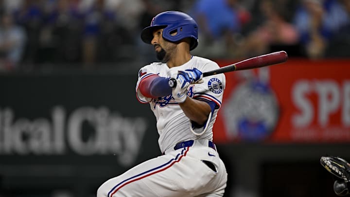 Aug 11, 2025; Arlington, Texas, USA; Texas Rangers second baseman Marcus Semien (2) bats during the game between the Texas Rangers and the Arizona Diamondbacks at Globe Life Field. Mandatory Credit: Jerome Miron-Imagn Images