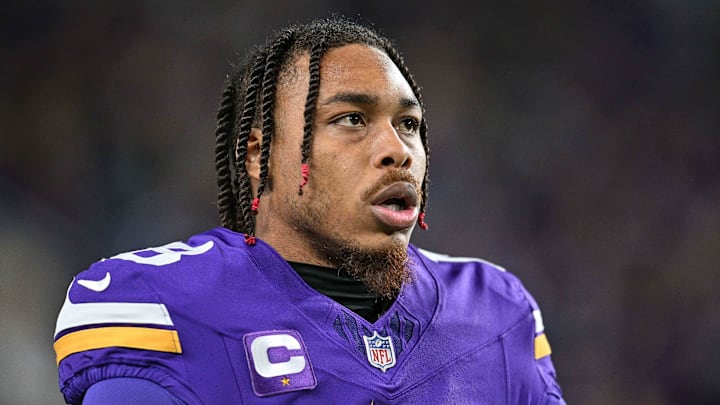 Dec 31, 2023; Minneapolis, Minnesota, USA; Minnesota Vikings wide receiver Justin Jefferson (18) warms up before the game against the Green Bay Packers at U.S. Bank Stadium.