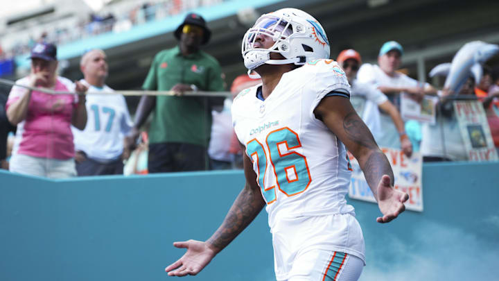 Miami Dolphins cornerback Rasul Douglas (26) enters the field prior to a game against the Los Angeles Chargers at Hard Rock Stadium. 