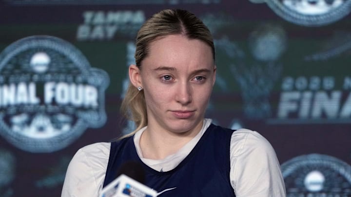 Apr 3, 2025; Tampa, FL, USA; UConn Huskies guard Paige Bueckers during press conference at Amalie Arena. Mandatory Credit: Kirby Lee-Imagn Images Apr 3, 2025; Tampa, FL, USA; UConn Huskies guard Paige Bueckers during press conference at Amalie Arena. Mandatory Credit: Kirby Lee-Imagn Images