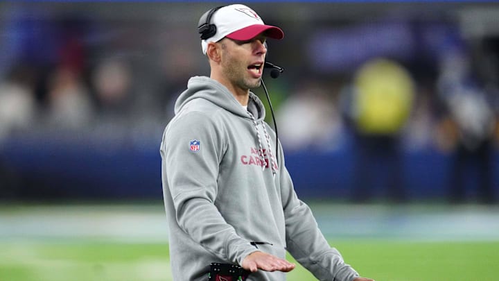 Dec 28, 2024; Inglewood, California, USA; Arizona Cardinals coach Jonathan Gannon reacts against the Los Angeles Rams in the second half at SoFi Stadium. Mandatory Credit: Kirby Lee-Imagn Images