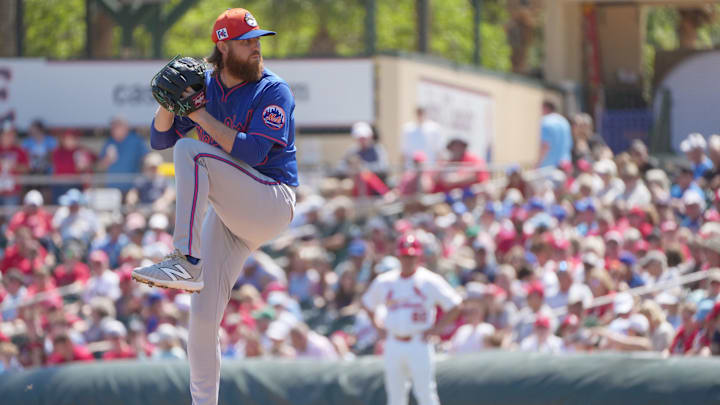 Mar 12, 2025; Jupiter, Florida, USA;  New York Mets pitcher Paul Blackburn (58) pitches in the first inning against the St. Louis Cardinals at Roger Dean Chevrolet Stadium. Mandatory Credit: Jim Rassol-Imagn Images