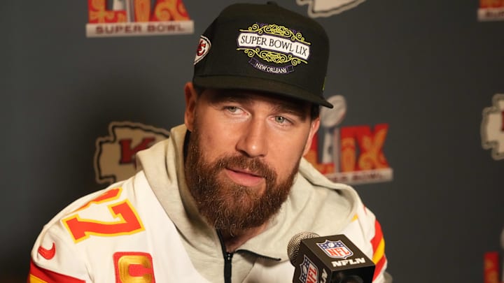 Feb 5, 2025; New Orleans, LA, USA; Kansas City Chiefs tight end Travis Kelce (87) in a press conference ahead of Super Bowl LIX at New Orleans Marriott. 