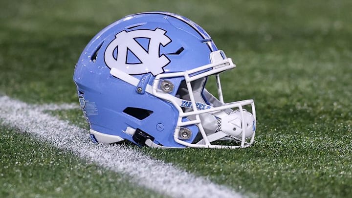 Oct 28, 2023; Atlanta, Georgia, USA; A detailed view of a North Carolina Tar Heels helmet on the field before a game against the Georgia Tech Yellow Jackets at Bobby Dodd Stadium at Hyundai Field. Mandatory Credit: Brett Davis-Imagn Images