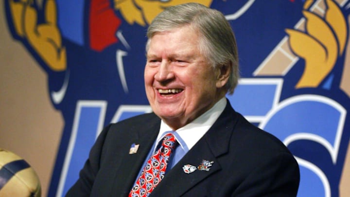 Tennessee Titans owner K.S. “Bud Adams” addresses the media during a press conference from the Titans training facility in MetroCenter on Aug. 2, 2004, to announce that the Nashville Kats will return to Arena Football League. Adams has a deal with the Gaylord Entertainment Center to play the home games there.