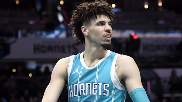 Charlotte Hornets guard LaMelo Ball (1) looks around after being called for a foul during the second half against the Orlando Magic at the Spectrum Center.