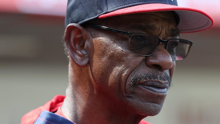 Jun 21, 2025; Anaheim, California, USA; Los Angeles Angels manager Ron Washington (37) watches batting practice from a dugout before the game against the Houston Astros at Angel Stadium. Washington is stepping indefinitely away from the team due to health reasons. Mandatory Credit: Kiyoshi Mio-Imagn Images