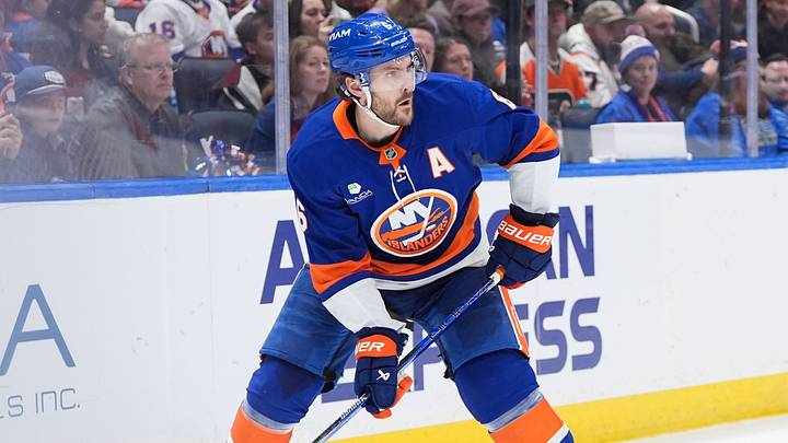 Apr 3, 2026; Elmont, New York, USA; New York Islanders defenseman Ryan Pulock (6) carries the puck in the third period against the Philadelphia Flyers at UBS Arena. Mandatory Credit: Alexander Wohl-Imagn Images Apr 3, 2026; Elmont, New York, USA; New York Islanders defenseman Ryan Pulock (6) carries the puck in the third period against the Philadelphia Flyers at UBS Arena. Mandatory Credit: Alexander Wohl-Imagn Images