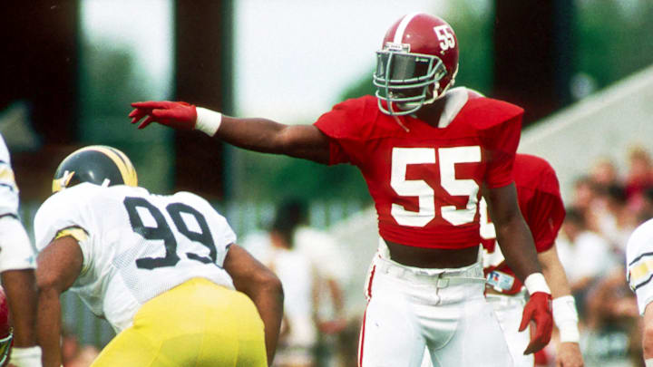 Jan 2, 1988; Tampa, FL, USA; FILE PHOTO; Alabama Crimson Tide linebacker Derrick Thomas (55) in action against the Michigan Wolverines in the 1988 Hall of Fame Bowl at Tampa Stadium. Michigan defeated Alabama 28-24.  Mandatory Credit: Photo By Imagn Images