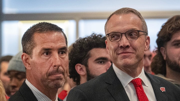 Wisconsin head football coach Luke Fickell, left is shown with athletic director Chris McIntosh at a welcome event November 28, 2022 at Camp Randall Stadium in Madison. He was previously head coach for six seasons at Cincinnati.