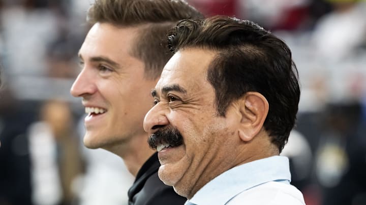 Nov 23, 2025; Glendale, Arizona, USA; Jacksonville Jaguars general manager James Gladstone (left) with owner Shad Khan against the Arizona Cardinals at State Farm Stadium. Mandatory Credit: Mark J. Rebilas-Imagn Images