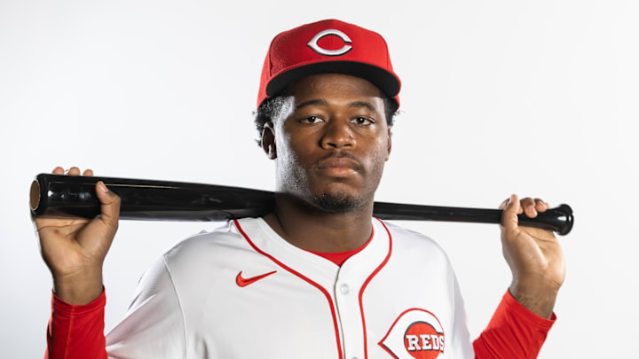 Feb 18, 2025; Goodyear, AZ, USA; Cincinnati Reds infielder Cam Collier poses for a portrait during Media Day at the Cincinnati Reds Development Complex. Mandatory Credit: Mark J. Rebilas-Imagn Images