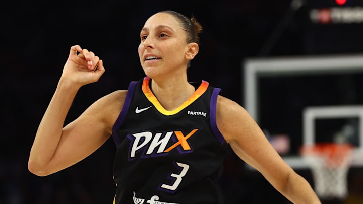 Jun 30, 2024; Phoenix, Arizona, USA; Phoenix Mercury guard Diana Taurasi (3) against the Indiana Fever at Footprint Center. Mandatory Credit: Mark J. Rebilas-Imagn Images