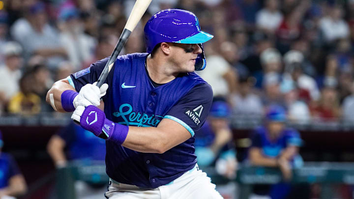Aug 24, 2025; Phoenix, Arizona, USA; Arizona Diamondbacks catcher James McCann against the Cincinnati Reds at Chase Field. Mandatory Credit: Mark J. Rebilas-Imagn Images