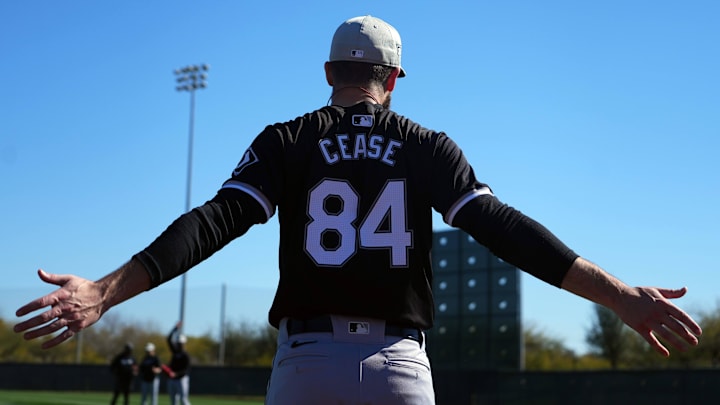 Feb 19, 2024; Glendale, AZ, USA; Chicago White Sox starting pitcher Dylan Cease (84) stretches