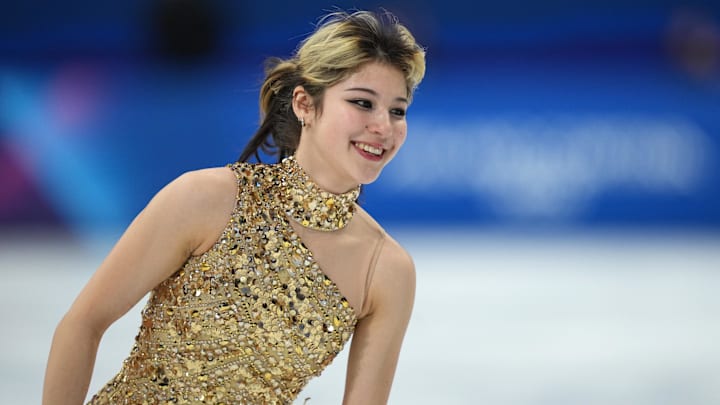 Feb 19, 2026; Milan, Italy; Alysa Liu  of the United States is introduced before competing in the women's free skate during the Milano Cortina 2026 Olympic Winter Games at Milano Ice Skating Arena.