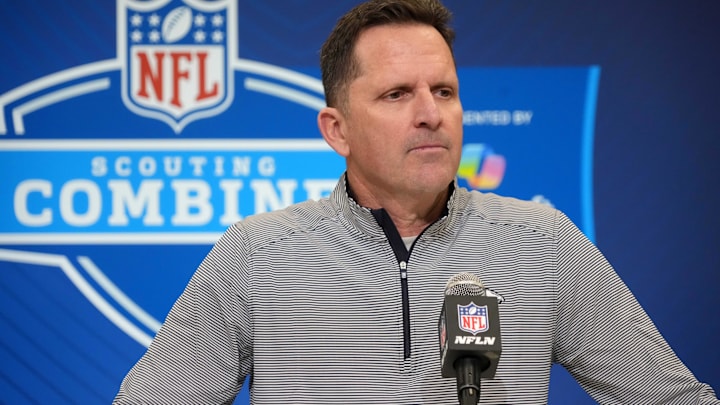 Feb 25, 2025; Indianapolis, IN, USA; Denver Broncos general manager George Paton speaks during the NFL Scouting Combine at the Indiana Convention Center. Mandatory Credit: Kirby Lee-Imagn Images