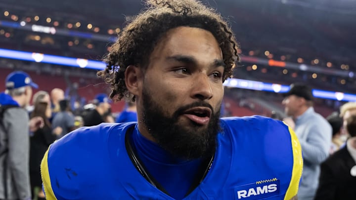 Jan 13, 2025; Glendale, AZ, USA; Los Angeles Rams running back Kyren Williams (23) celebrates after defeating the Minnesota Vikings during an NFC wild card game at State Farm Stadium. Mandatory Credit: Mark J. Rebilas-Imagn Images