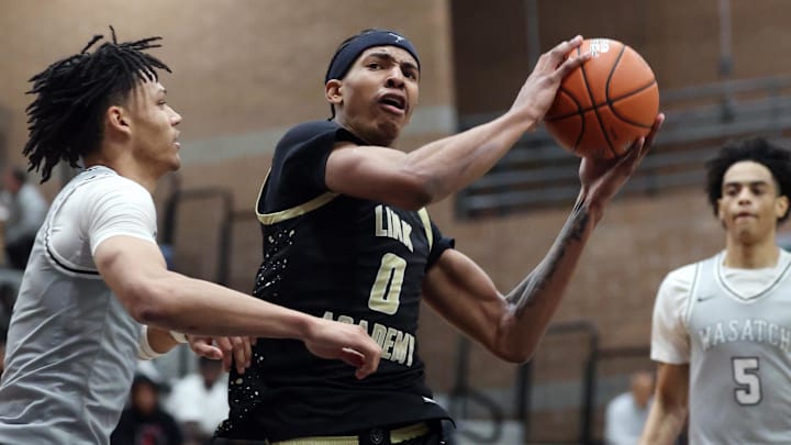 Jan 3, 2025; Gilbert, AZ, USA; Link Academy forward Chris Cenac (0) drives against Wasatch Academy during the Hoophall West High School Invitational at Highland High School.