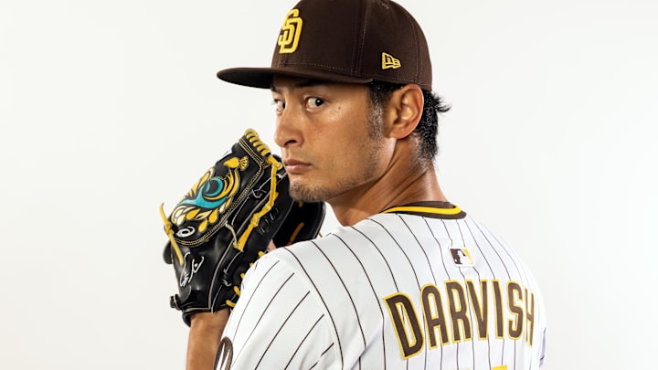 Feb 19, 2025; Peoria, AZ, USA; San Diego Padres pitcher Yu Darvish poses for a portrait during Media Day at Peoria Sports Complex. Mandatory Credit: Mark J. Rebilas-Imagn Images