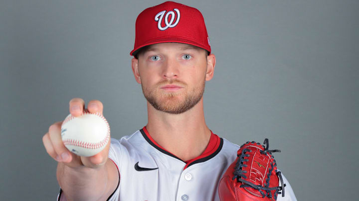 Feb 21, 2025; West Palm Beach, FL, USA; Washington Nationals relief pitcher Michael Soroka (34) poses for a photo during picture day at CACTI Park of the Palm Beaches. Feb 21, 2025; West Palm Beach, FL, USA; Washington Nationals relief pitcher Michael Soroka (34) poses for a photo during picture day at CACTI Park of the Palm Beaches.