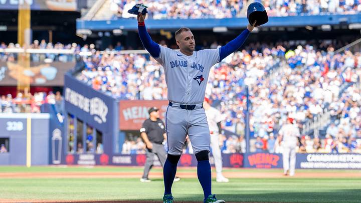 Sep 27, 2026; Toronto, Ontario, CAN;  Toronto Blue Jays designated hitter George Springer (4) waves to the fans after being replaced in the during the third inning against the Cincinnati Reds at Rogers Centre.  Mandatory Credit: Kevin Sousa-Imagn Images