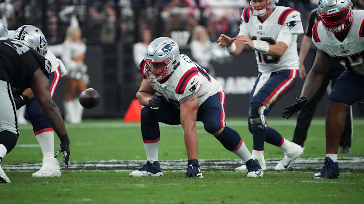Aug 26, 2022; Paradise, Nevada, USA; New England Patriots guard Cole Strange (69) in the first half against the Las Vegas Raiders at Allegiant Stadium. Mandatory Credit: Kirby Lee-Imagn Images