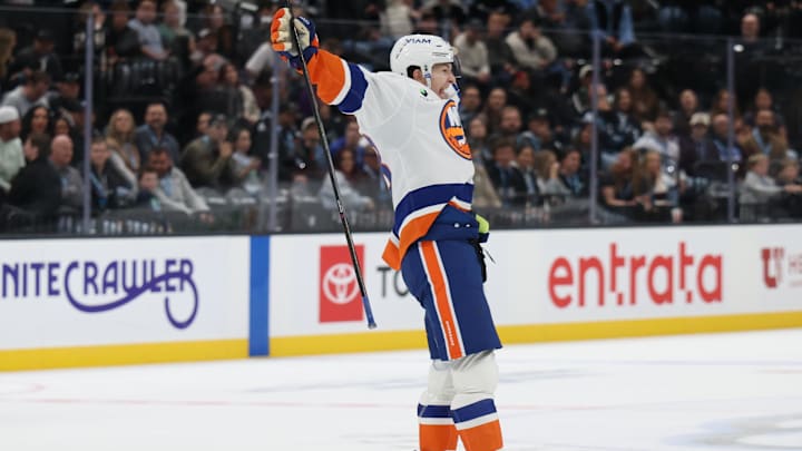 Nov 14, 2025; Salt Lake City, Utah, USA; New York Islanders defenseman Matthew Schaefer (48) reacts to scoring the game winning goal against the Utah Mammoth during overtime at Delta Center. Mandatory Credit: Rob Gray-Imagn Images