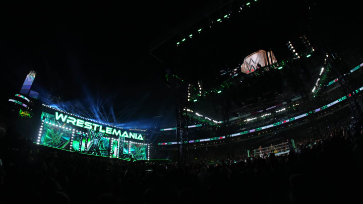Apr 7, 2024; Philadelphia, PA, USA; 	WWE Universal Championship match between Roman Reigns and Cody Rhodes during WrestleMania XL Sunday at Lincoln Financial Field.