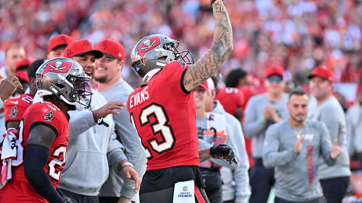 Jan 5, 2025; Tampa, Florida, USA; Tampa Bay Buccaneers wide receiver Mike Evans (13) celebrates after a reception to put him over 1,000 yards for the season in the second half against the New Orleans Saints at Raymond James Stadium. Mandatory Credit: Jonathan Dyer-Imagn Images Jan 5, 2025; Tampa, Florida, USA; Tampa Bay Buccaneers wide receiver Mike Evans (13) celebrates after a reception to put him over 1,000 yards for the season in the second half against the New Orleans Saints at Raymond James Stadium. Mandatory Credit: Jonathan Dyer-Imagn Images