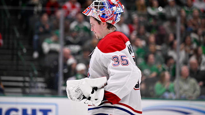 Jan 4, 2026; Dallas, Texas, USA; Montreal Canadiens goaltender Sam Montembeault (35) looks on during the game between the Stars and the Canadiens at the American Airlines Center. Mandatory Credit: Jerome Miron-Imagn Images