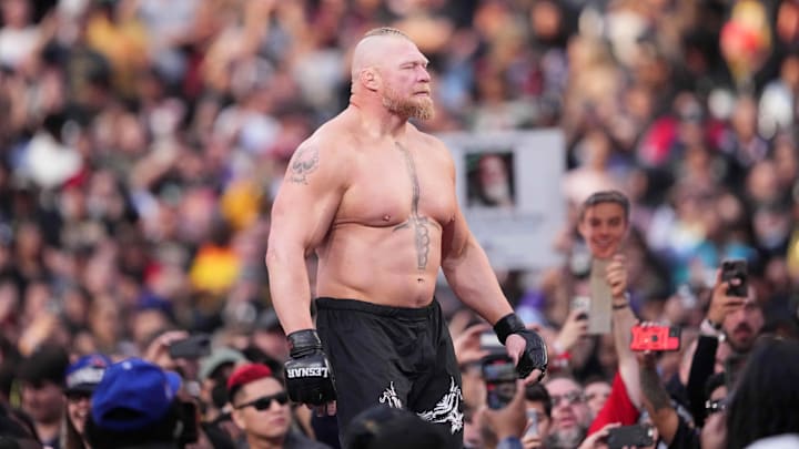 Apr 2, 2023; Inglewood, CA, USA; Brock Lesnar during Wrestlemania Night 2 at SoFi Stadium.