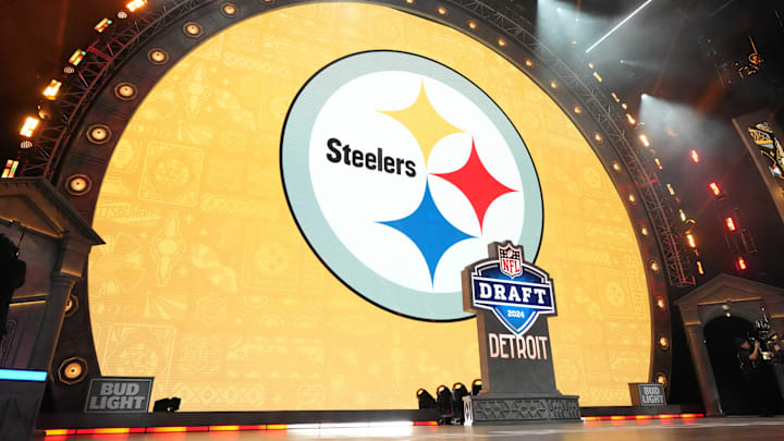 Apr 25, 2024; Detroit, MI, USA; A Pittsburgh Steelers logo during the 2024 NFL Draft at Campus Martius Park and Hart Plaza. Mandatory Credit: Kirby Lee-Imagn Images