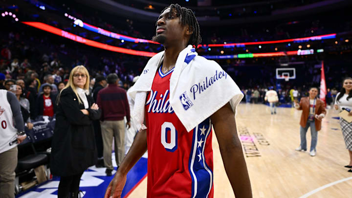 Dec 8, 2023; Philadelphia, Pennsylvania, USA; Philadelphia 76ers guard Tyrese Maxey (0) reacts after the game against the Atlanta Hawks at Wells Fargo Center. Mandatory Credit: Kyle Ross-Imagn Images