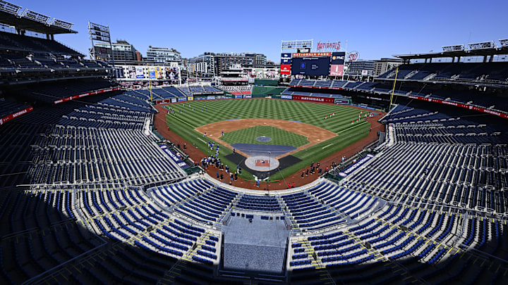 Apr 9, 2025; Washington, District of Columbia, USA; General view of Nationals Park before the game between the Washington Nationals and the Los Angeles Dodgers. 
