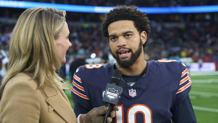 Caleb Williams is interviewed by NFL Network's Stacey Dales coming off the field at the 35-16 Bears win in London. Caleb Williams is interviewed by NFL Network's Stacey Dales coming off the field at the 35-16 Bears win in London.